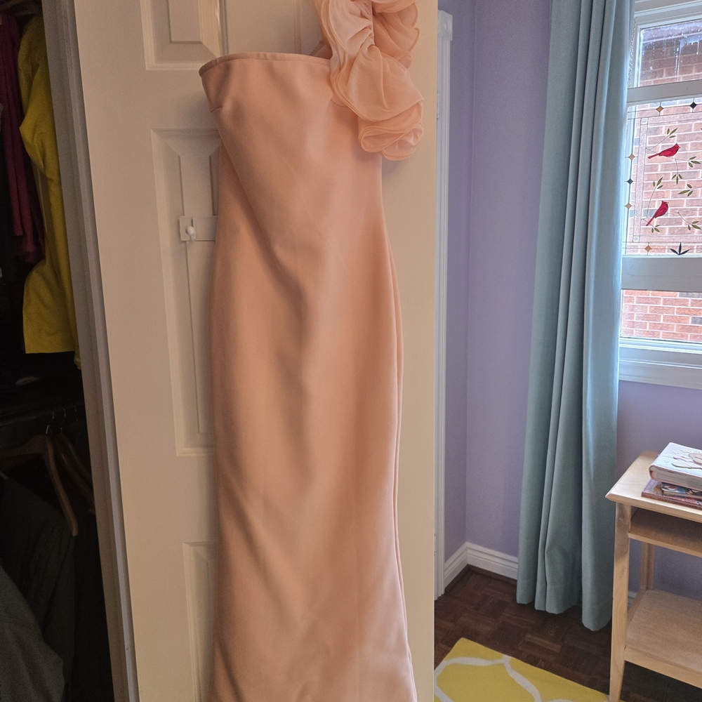 Girls One-Shoulder Peach Formal Dress with Ruffle Detail